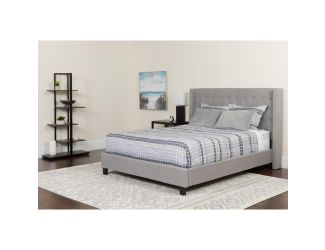 King Size Tufted Light Gray Fabric Platform Bed with Accent Nail Trim & Mattress