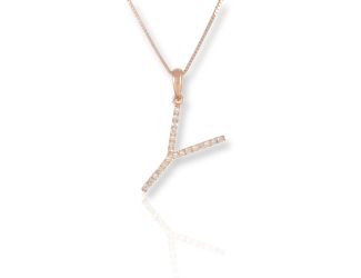PARIKHS Initial Pendant Alphabet 'Y' in CZ with chain in 925 Sterling Silver with Rose Plating