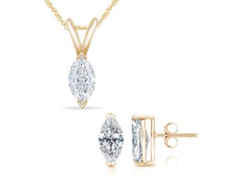 Bright White Pristine Marquise Lab Grown Diamond Pendant-Stud Set in 14K Yellow Gold 1.20ct, GH, VS