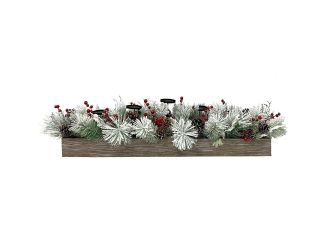 42-inch 5-Candle Holder Holiday Centerpiece with Frosted Pine Branches, Red Berries and Pinecones in