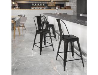 24" High Black Metal Indoor-Outdoor Counter Height Stool with Back