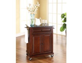 Black Granite Top Portable Kitchen Cart in Mahogany Finish