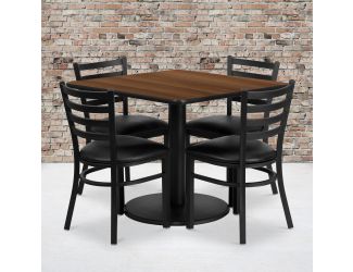 36" SQ Walnut Laminate Table w/ Round Base & 4 Metal Chairs - Black Vinyl Seat