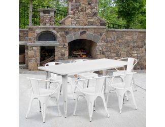 31.5" x 63" Rectangular White Metal Indoor-Outdoor Table Set with 6 Arm Chairs