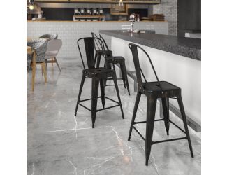 24" High Black-Antique Gold Metal Indoor-Outdoor Counter Height Stool with Back