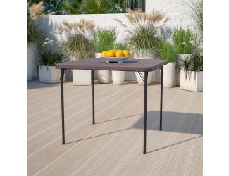 2.83-Foot Square Bi-Fold Brown Wood Grain Plastic Folding Table with Handle