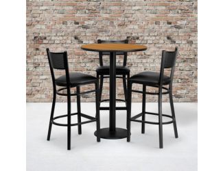 30" Round Natural Laminate Table Set with 3 Metal Barstools - Black Vinyl Seat