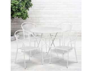 30" Round White Indoor-Outdoor Steel Folding Patio Table Set with 4 Chairs
