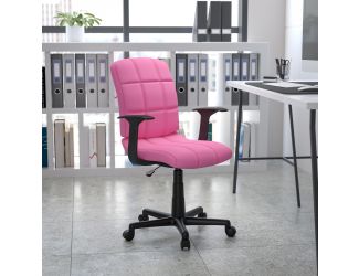 Mid-Back Pink Quilted Vinyl Swivel Task Office Chair with Arms - Home Office