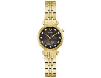 Ladies' Regatta Gold-Tone Stainless Steel Rectangle Watch Black MOP Dial