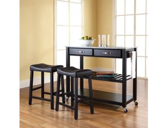 Granite Top Kitchen Cart/Island w/24" Upholstered Stools