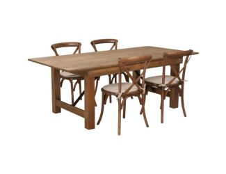 7' x 40" Rustic Folding Farm Table Set with 4 Cross Back Chairs and Cushions