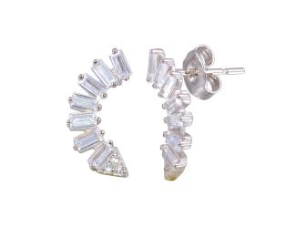 PARIKHS Rhodium Plated Baguette CZ Dangling Crescent Earring in 925 Sterling Silver