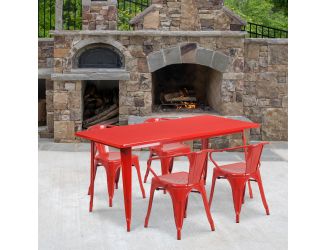 31.5" x 63" Rectangular Red Metal Indoor-Outdoor Table Set with 4 Arm Chairs