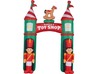 10-Ft. Santa's Toy Shop Archway w/ Toy Soldiers and Rocking Horse, Blow-Up Christmas Inflatable w/ L