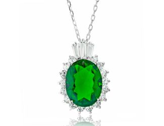 PARIKHS Rhodium Plated Oval Pave with Green Baguette Crown CZ in 925 Sterling Silver