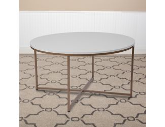White Laminate Living Room Coffee Table with Crisscross Brushed Gold Metal Frame