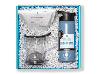 Steep and Go Plus Tea Gift Basket - ABERDEEN Large Easy Pour Tea Steeper, CHICAGO STEEL 22oz Insulated Bottle, 100g Royal Earl Grey Tea