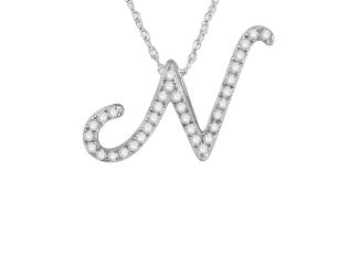 PARIKHS Diamond Initial Pendant Alphabet 'N' in 14K White Gold over Sterling Silver 0.15ct, IJK - I3