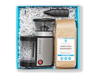 Welcome Home Coffee Gift Basket - Includes: BREMEN BURR Electric Coffee Grinder, EZ Milk Frother, 1lb Costa Rica Rainforest Coffee Beans