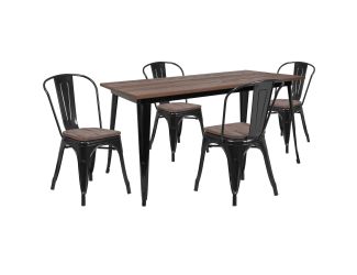 30.25" x 60" Black Metal Table Set with Wood Top and 4 Stack Chairs