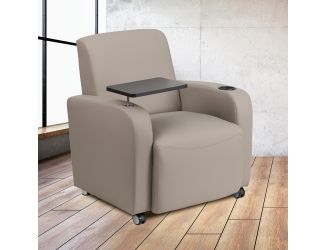 Gray LeatherSoft Guest Chair with Tablet Arm, Front Wheel Casters and Cup Holder