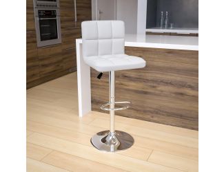 Contemporary White Quilted Vinyl Adjustable Height Barstool with Chrome Base