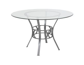 48" Round Glass Dining Table with Crescent Style Silver Metal Frame