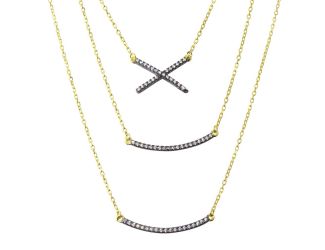 PARIKHS Gold Plated Triple Strand Necklace with CZ Curved Bar and CZ X in 925 Sterling Silver