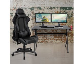 Gaming Bundle-Desk, Cup Holder/Headphone Hook & Gray Reclining Chair