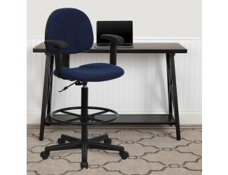 Navy Blue Patterned Fabric Swivel Drafting Chair with Adjustable Height and Arms