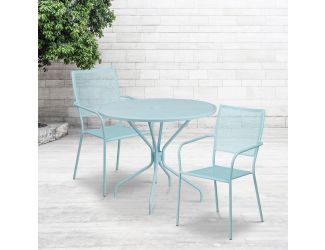35.25" RD Sky Blue Indoor-Outdoor Steel Patio Table Set w/2 Square Back Chairs