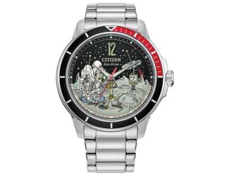 Men's Mickey Astronaut Eco-Drive Silver-Tone Stainless Steel Watch Black Dial
