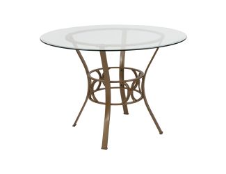 42" Round Glass Dining Table with Crescent Style Matte Gold Metal Frame