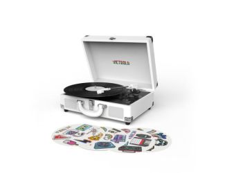 Victrola Bluetooth Suitcase Turntable Canvas with Custom Stickers and Stencils (White)