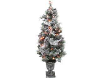 4-Ft. Prelit Christmas Snow Flocked Porch Tree with Oversized Pinecones