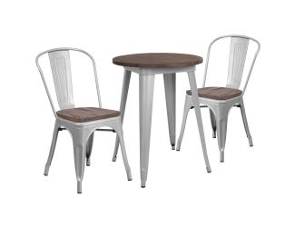 24" Round Silver Metal Table Set with Wood Top and 2 Stack Chairs