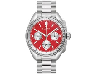 Men's Lunar Pilot Chronograph Stainless Steel Watch w/ Leather Strap Red Dial