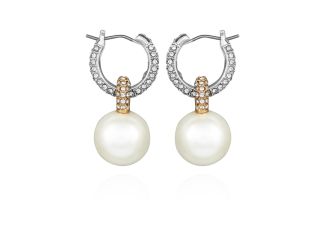 Two-Tone Crystal Huggie with Faux Pearl Drop Earrings