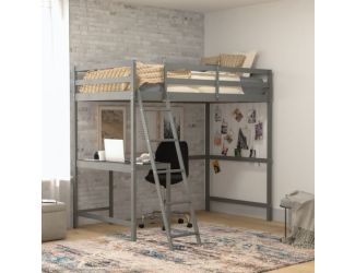 Twin Size Traditional Wood Slat Loft Bed with Integrated Desk & Ladder-Lt Gray