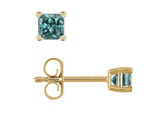 PARIKHS Blue Princess cut AA Quality Diamond Stud in Yellow Gold over Sterling Silver, 0.06ct