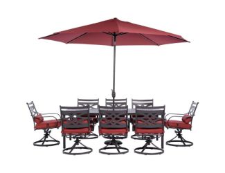 Montclair 9-Piece Dining Set in Chili Red with 8 Swivel Rockers, 42-In. x 84-In. Table, 11 Ft. Umbre