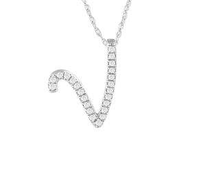 PARIKHS Diamond Initial Pendant Alphabet 'V' in 14K White Gold over Sterling Silver 0.10ct, IJK - I3