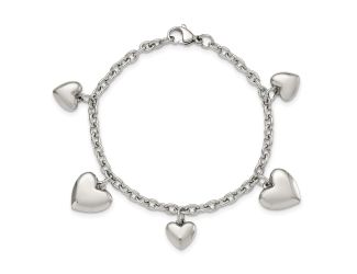Stainless Steel Polished Hearts 8" Bracelet