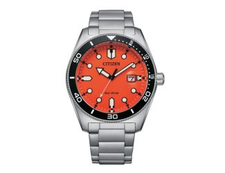 Men's Weekender Eco-Drive Silver-Tone Stainless Steel Watch Orange Dial