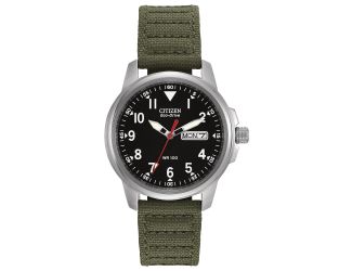 Men's Eco-Drive Military Watch, Black Dial with Buckle Clasp Green Strap
