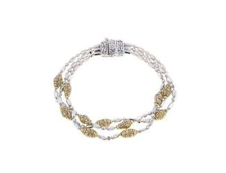 Two Tone- Rhodium and Gold- Beaded Triple Strand Bracelet 7"- Rhodium and Gold