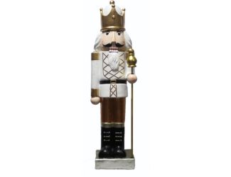 48-In. Nutcracker Holding Staff Figurine, Festive Indoor Christmas Holiday Decorations, White/Gold
