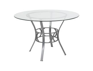 45" Round Glass Dining Table with Crescent Style Silver Metal Frame