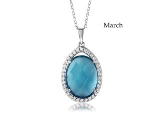 PARIKHS Rhodium Plated Oval CZ March Birthstone Necklace in 925 Sterling Silver